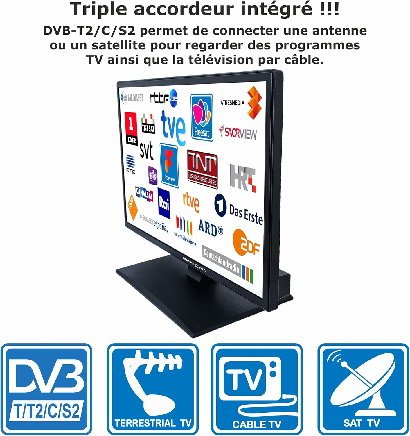 Unispectra ® 19” Smart TV (webOS) avec Télécommande Magique 12v HDR 230v 24v TV TNT et Tuner Sat 3xHDMI 2xUSB. Téléviseurs 12V pour Camping-Cars, caravanes, fourgonnettes, Bateaux