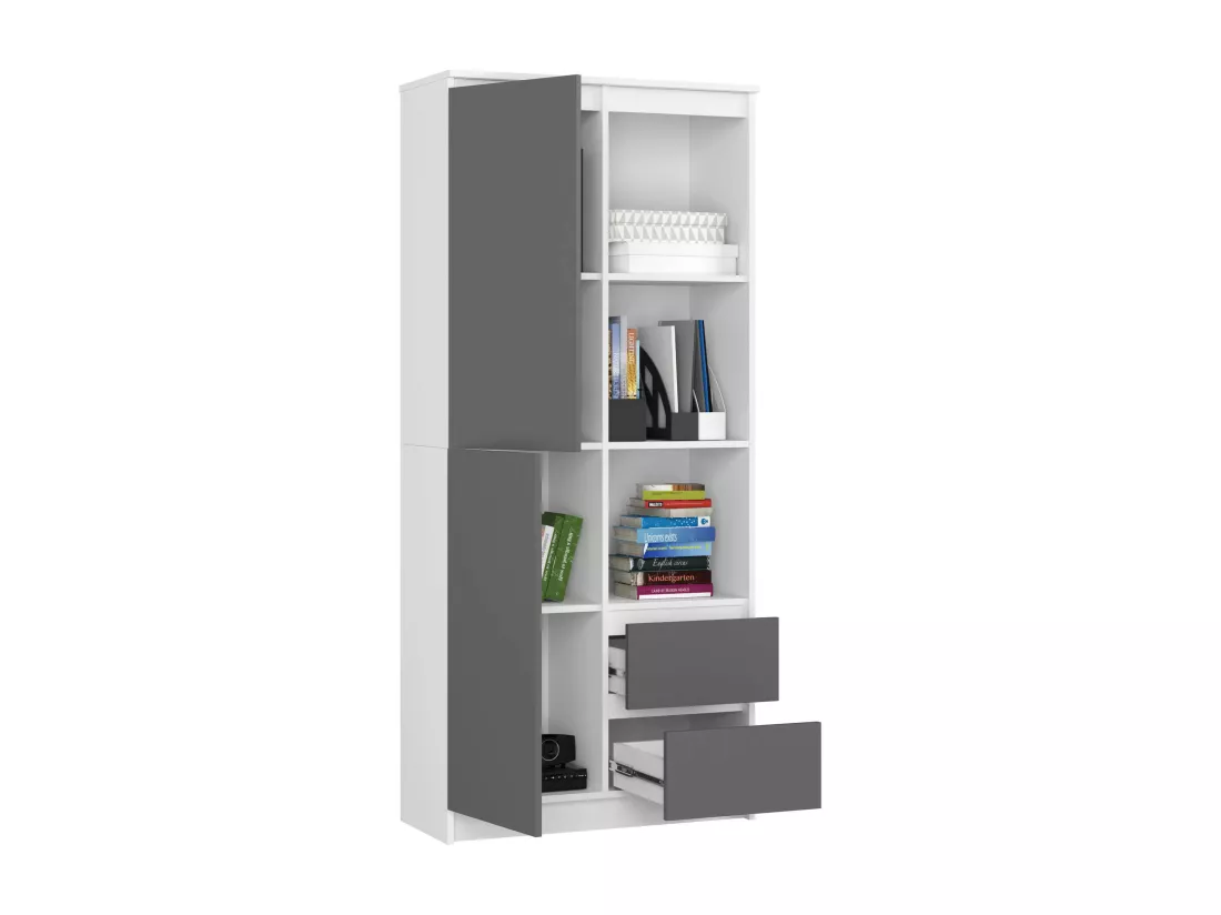 Bibliothèque de bureau AKORD R11 Blanche 80 cm 1 porte 2 tiroirs façade Gris Graphite mat 7 étagères 80x35x180 cm