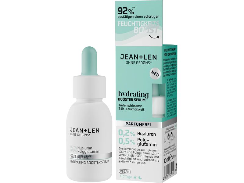 Jean & Len Gesichtsserum Hydrating Booster 30 ml Natürliches Serum versorgt die Haut intensiv mit Feuchtigkeit und polstert sie von innen auf
