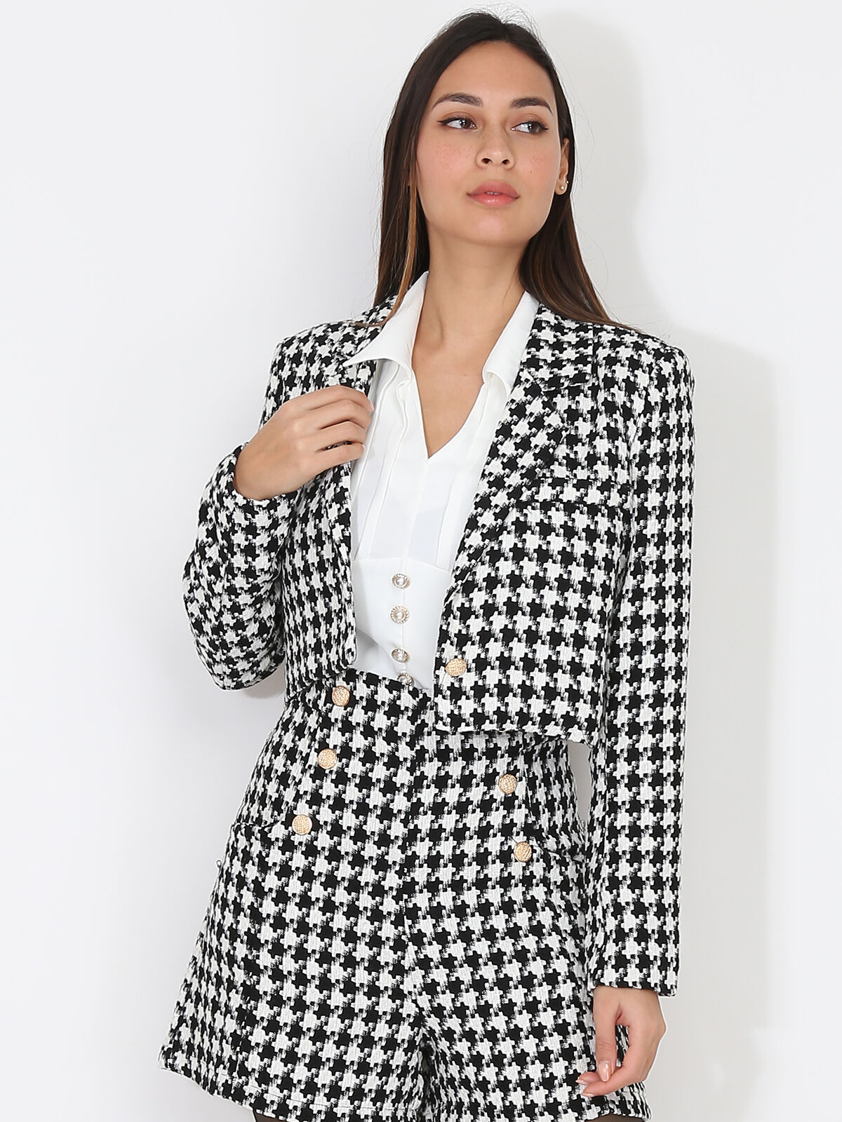 Blazer court en tweed- Noir et Blanc