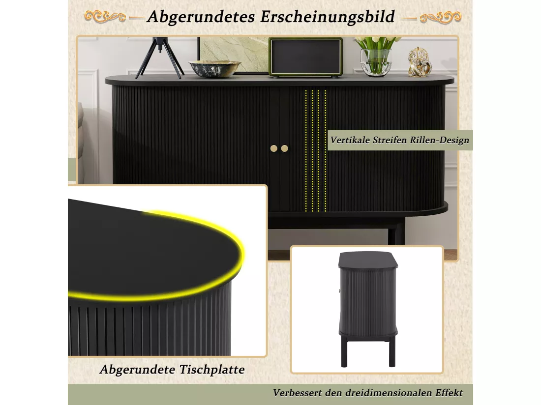 Buffet bas moderne avec 2 portes coulissantes - 138 x 43 x 75 cm - Forme ovale - Bois MDF + pieds en pin - Noir