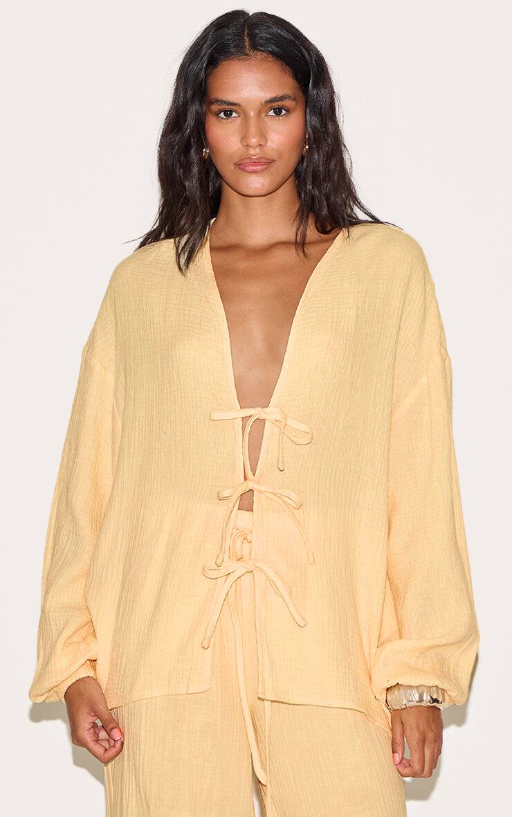 Citron Ensemble Chemise En Gaze Texturée À Nouer Sur Le Devant