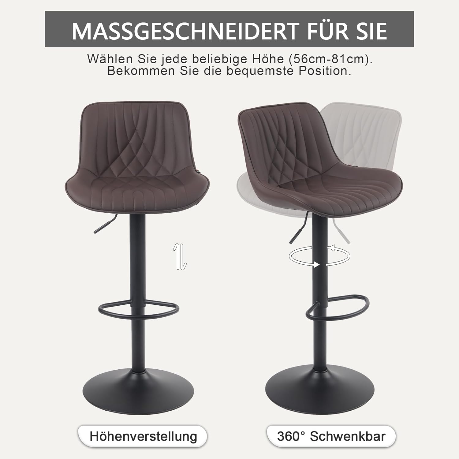 YOUTASTE 1er Barhocker, Drehbar Barstuhl mit Lehne, Höhenverstellbar aus PU-Leder, 360° Drehstuhl, Moderner Bar Hocker Küchenhocker Bar Stool, Braun