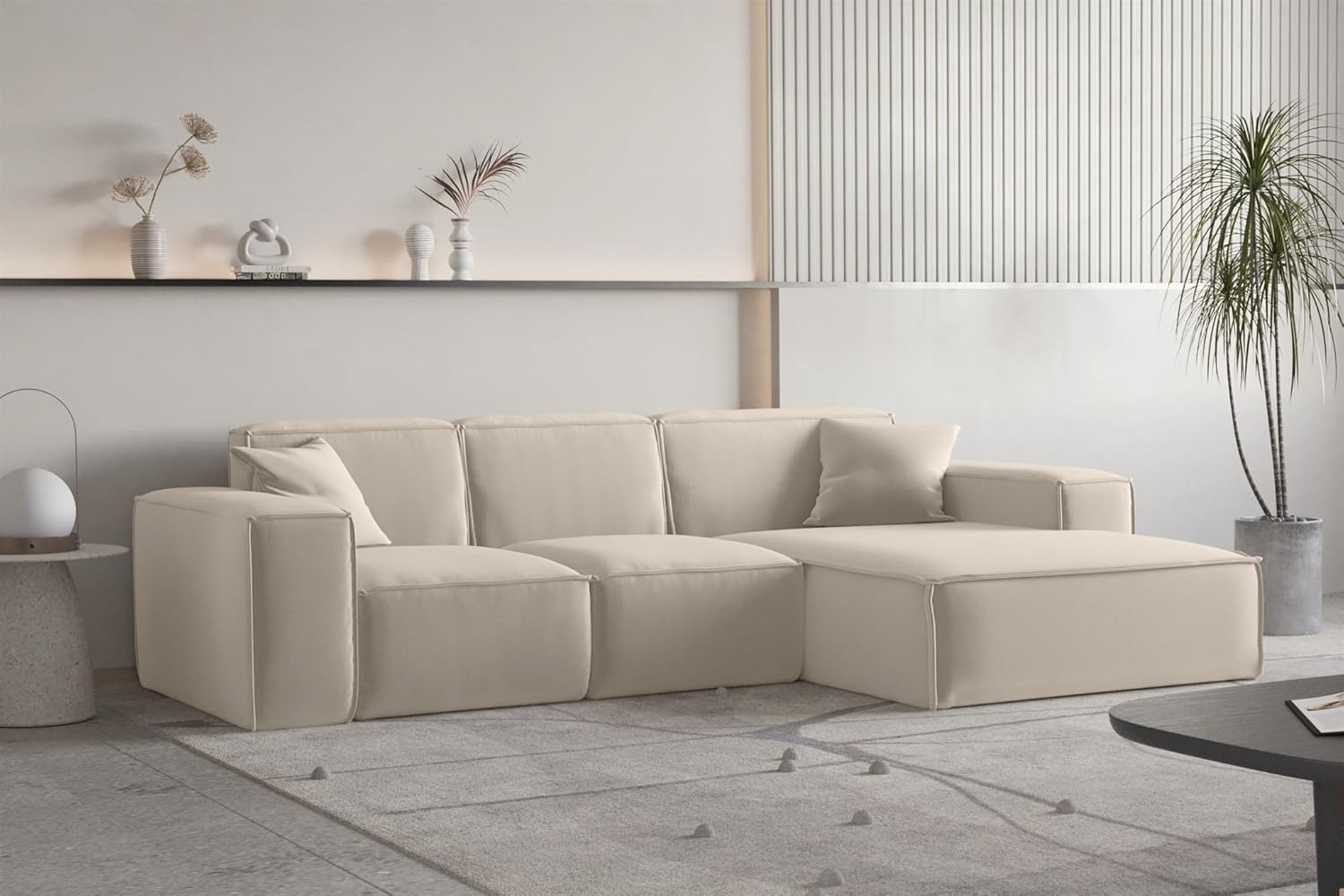 Fun Möbel Ecksofa Designersofa CELES Premium in Stoff Opera Velvet (Beige, Ottomane: Rechts)