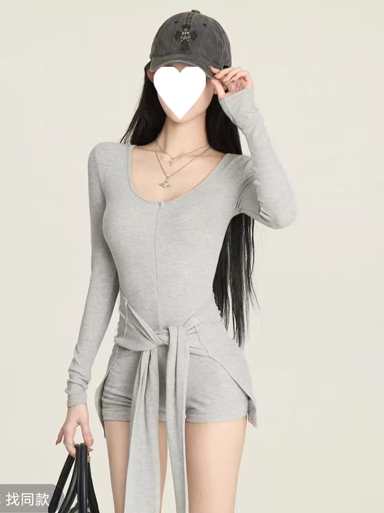 SUGARUS - Set: Romper met lange mouwen, ronde hals en effen kleur + tailleband