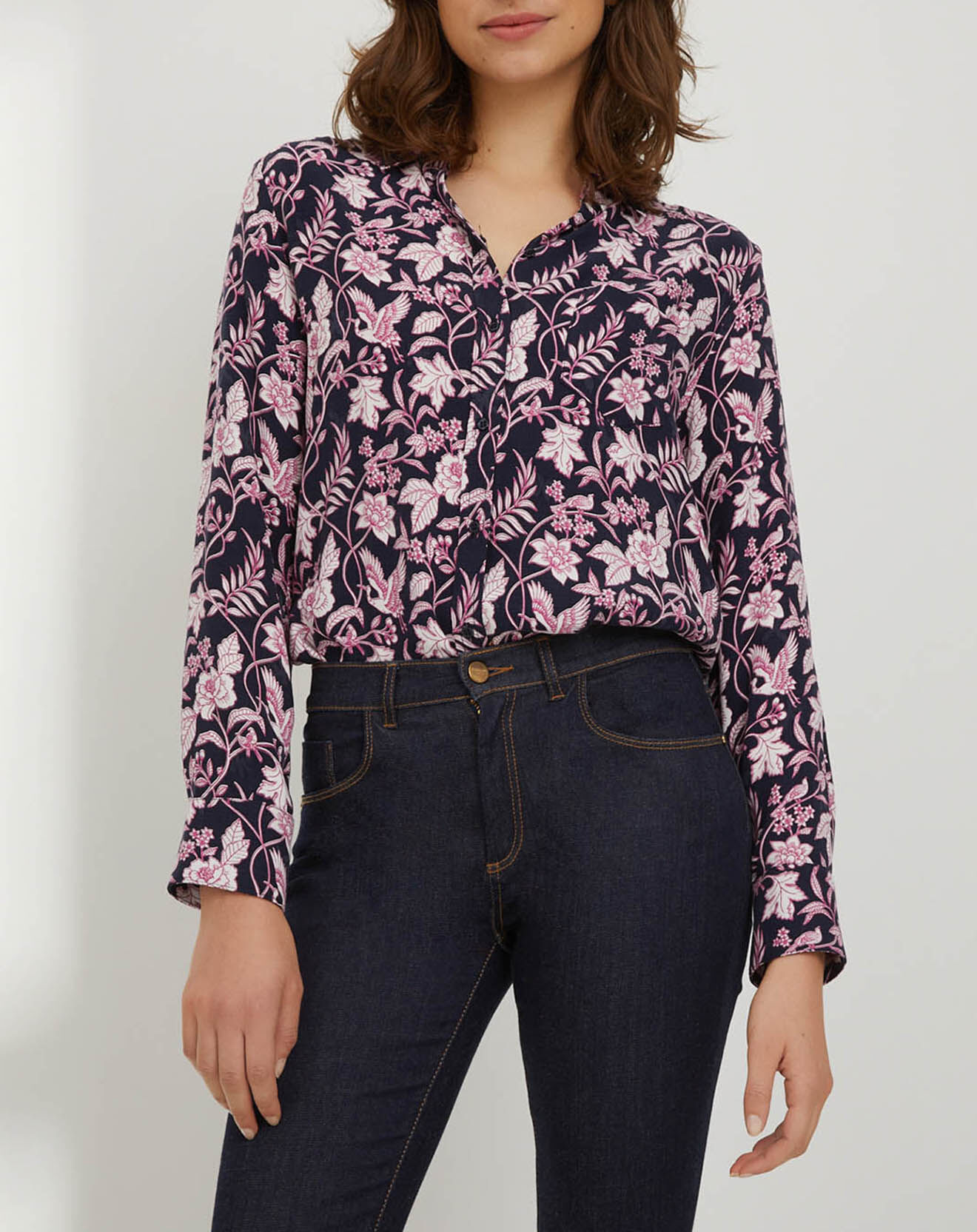 Cyrillus Chemise imprimée Tapisserie bleu foncé/rose