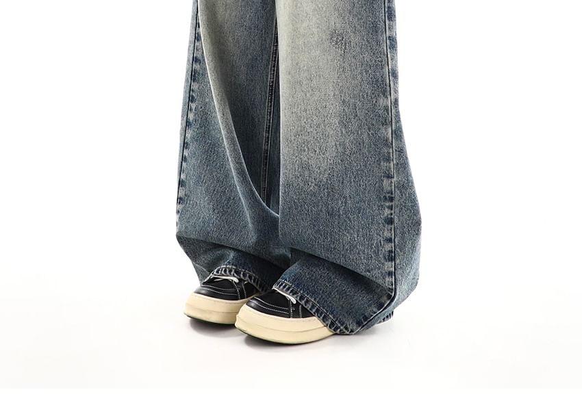 Elyou - Mid Waist Washed Wide Leg Jeans