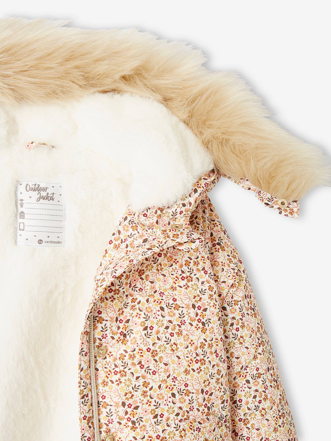 Jaqueta curta acolchoada com capuz estampado floral, tamanho médio infantil, estampa roxa.