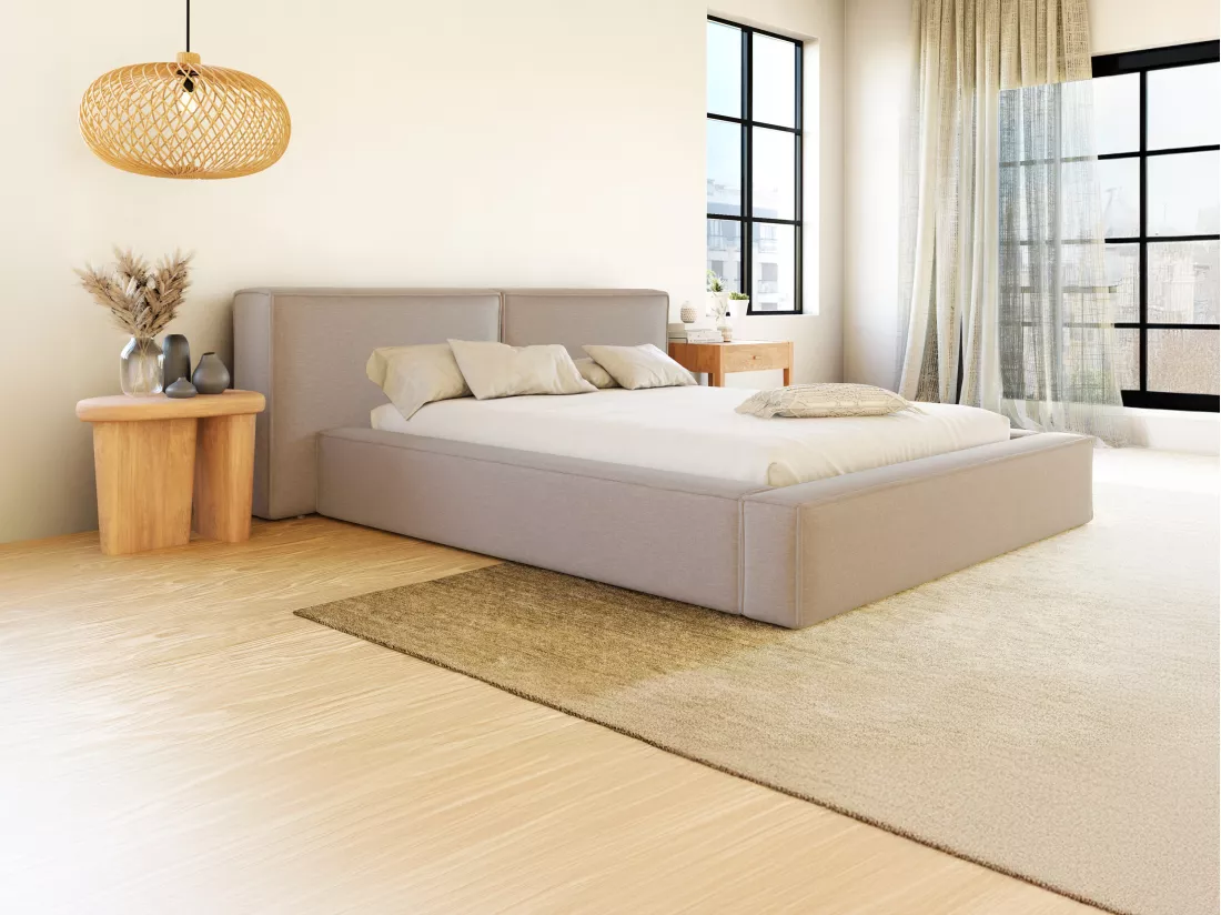 Lit coffre 140 x 190 cm - Tissu - Beige + Matelas - TIMANO de Pascal Morabito