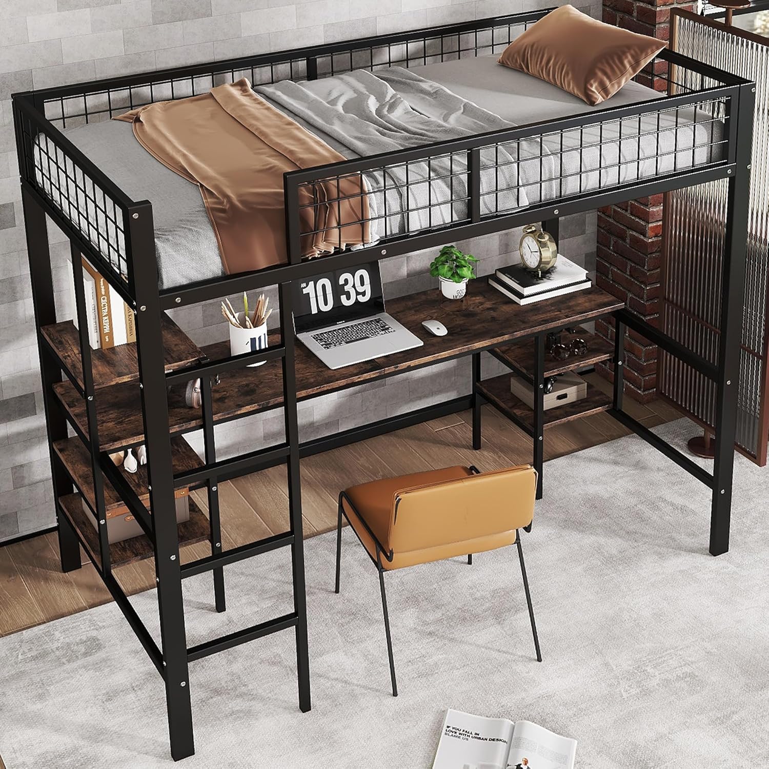 Merax Hochbett 90x200cm mit Schreibtisch & Lagerregal, Stabile Metallbett Etagenbett mit Lattenrost & Rausfallschutz, Platzsparend Stockbett Kinderhochbett Jugendhochbett, Eisen+Spanplatte, Schwarz