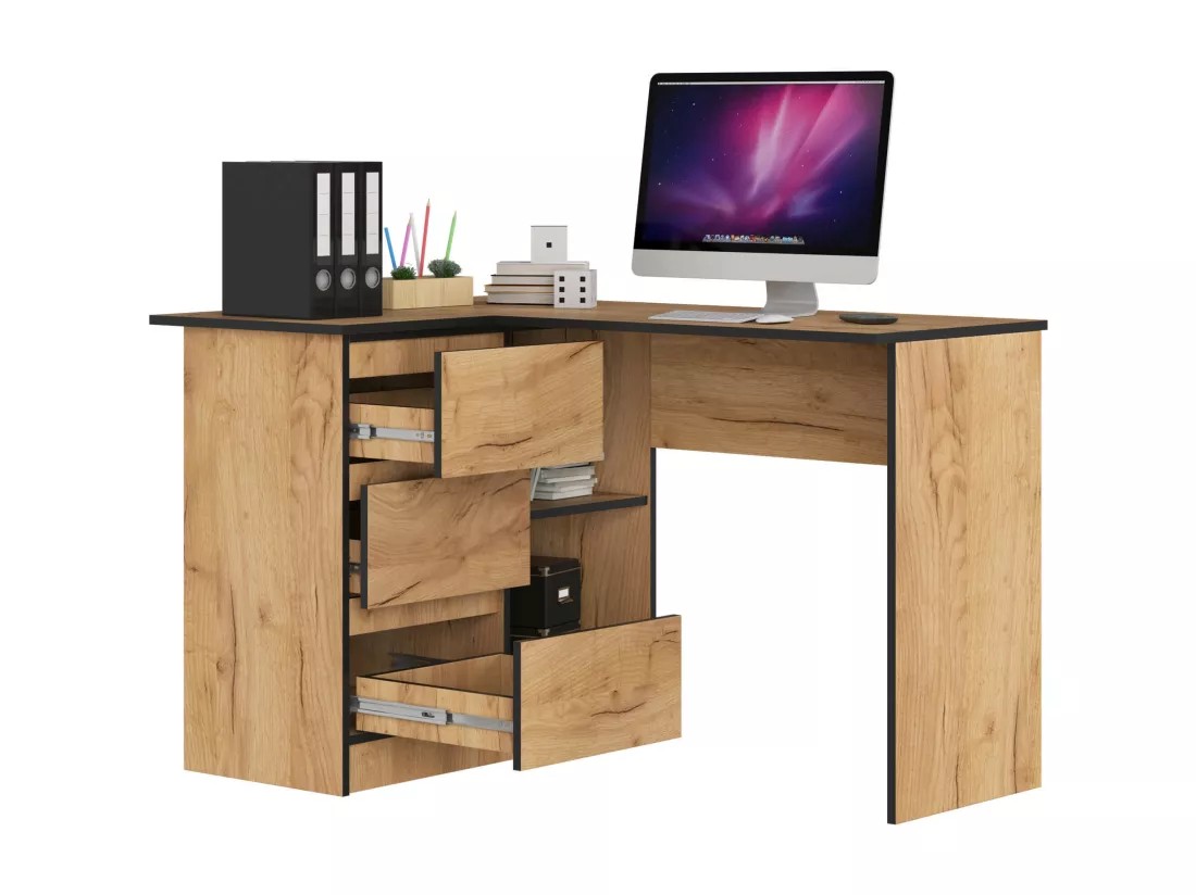 Bureau AKORD d'angle gauche B16 Chêne Craft 124 cm 3 tiroirs façade Chêne Craft 2 étagères 124x85x77 cm
