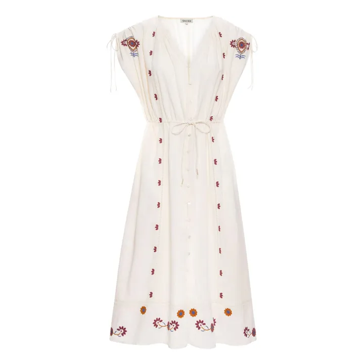 Alma Deia Robe Kaftan Brodée en Coton Bio | Blanc cassé