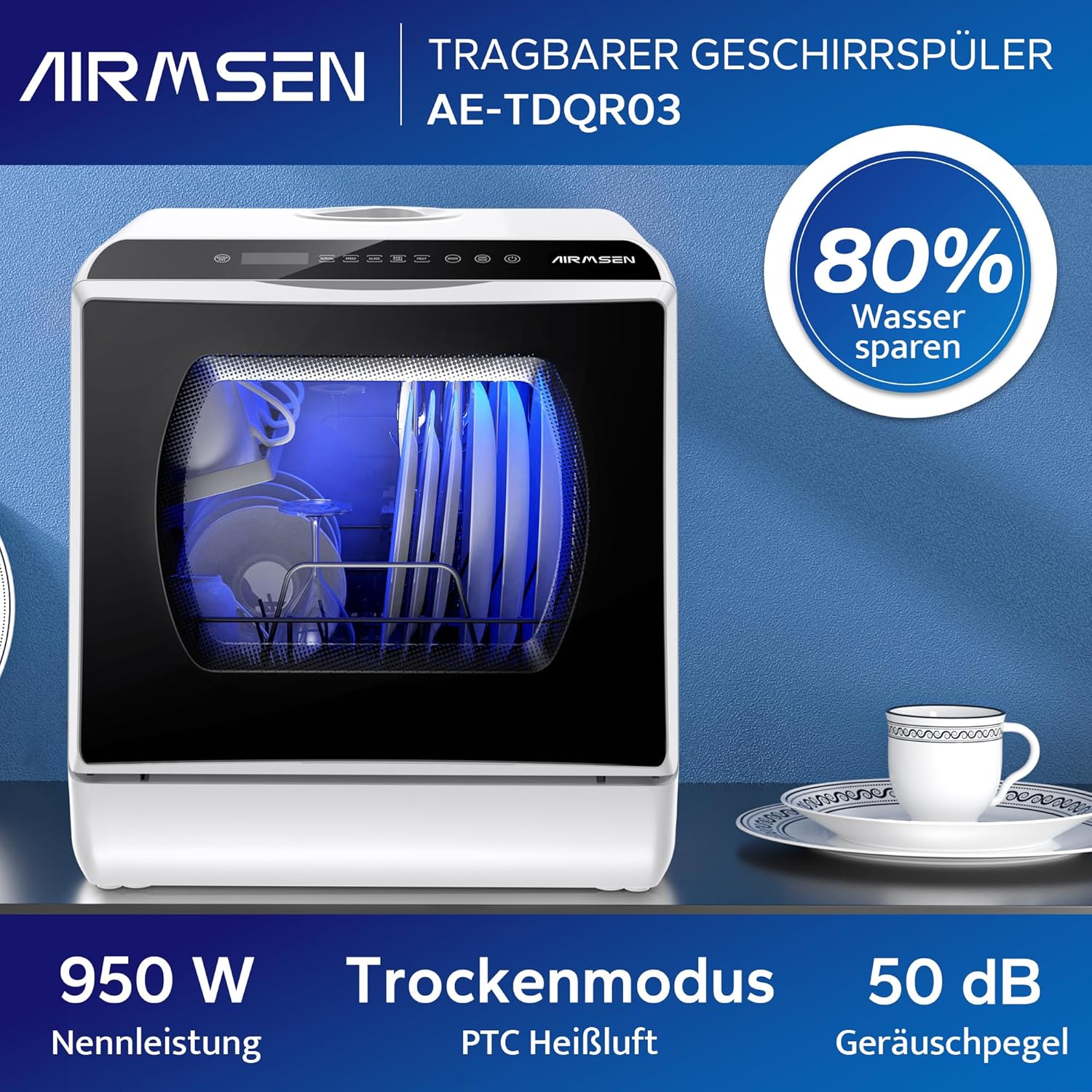 AIRMSEN Tischgeschirrspüler, Mini Geschirrspüler mit 5+1 Programme & 5L Wassertank, 2 Wege Wasserversorgung, Touch Control & LED-Display, Geeignet für Hausküchen, Wohnungen, Schlafsäle, Weiß & Schwarz