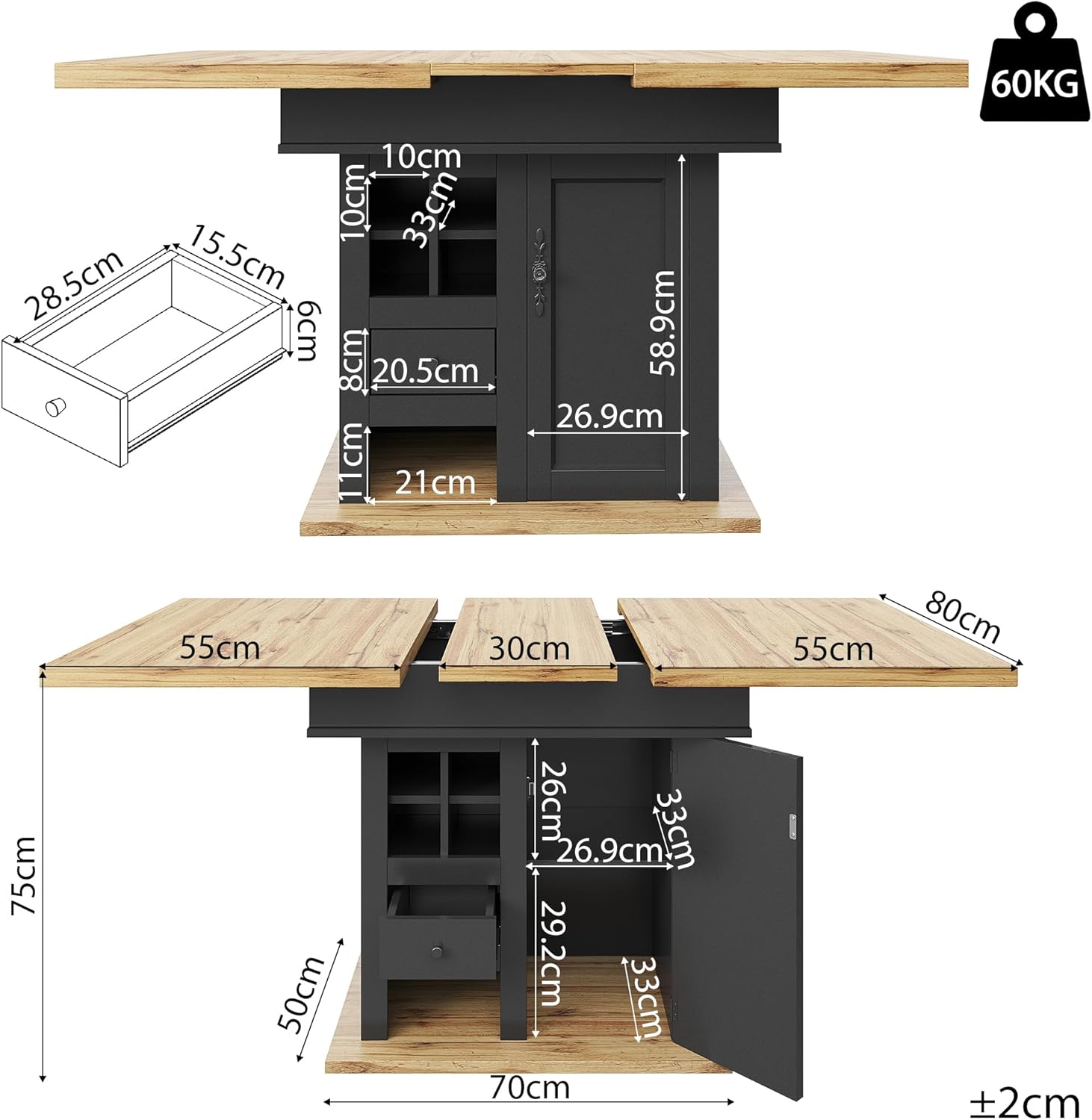 Esstisch Ausziehbar 110-140x80x75 cm mit Weinregal und Schubladen für 4-6 Personen, Esszimmertische mit Türen und Stauraum, Esszimmertisch Ausziehbar, Esszimmermöbel, Holzfarbe+Schwarz
