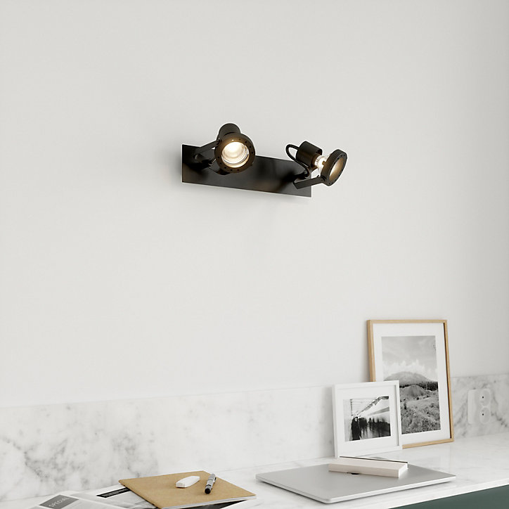 Réglette spot 2 lumières GU10 5W GoodHome Chaman noir mat L.30 x L.17 x H.7 cm