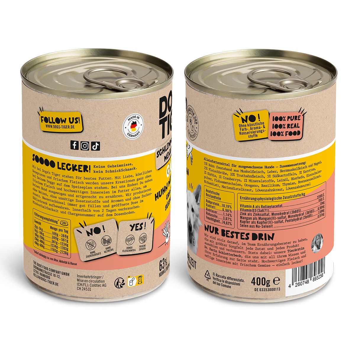 Dogs’n Tiger Adult Hundefutter, Gaudi, Nassfutter, Getreidefrei, Huhn, Truthahn & Cranberry