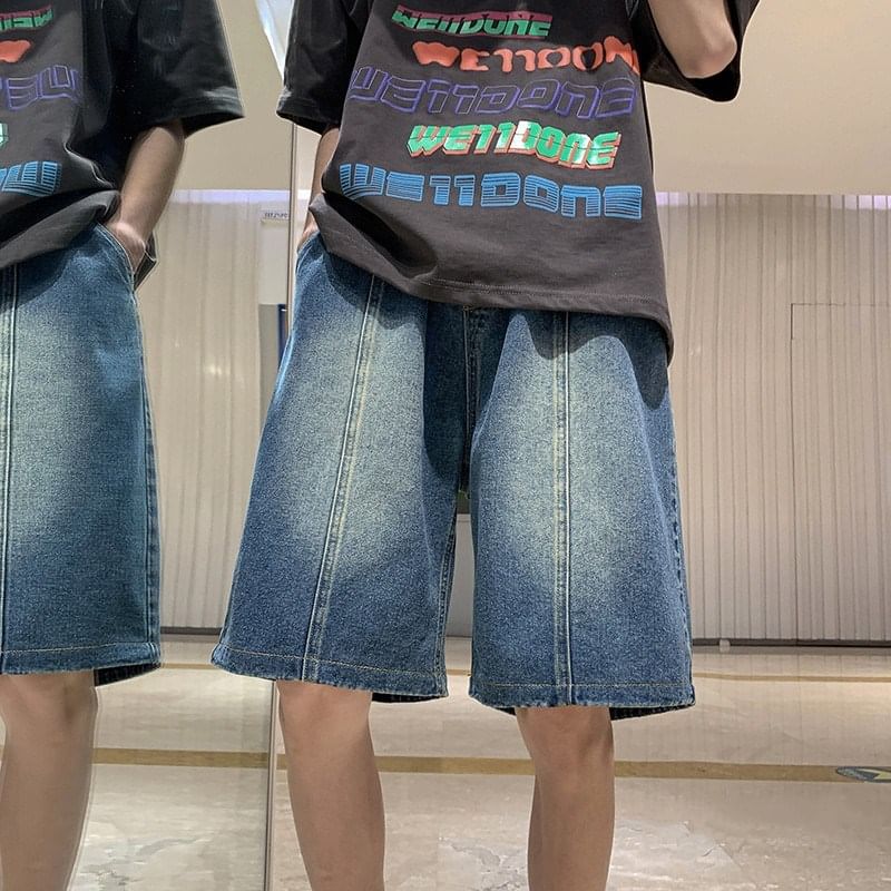 GRAYCIOUS - Mid Rise Washed Panel Denim Shorts