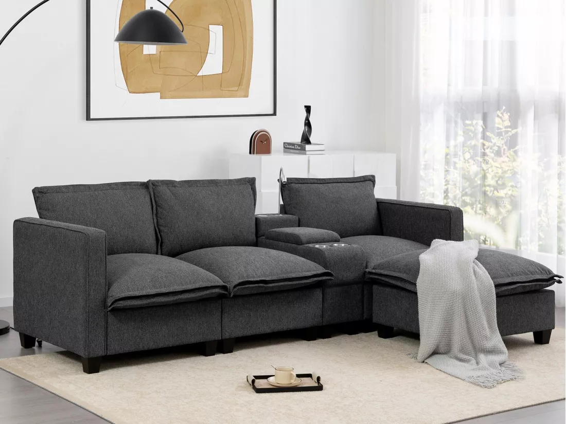 Canapé 3 places en chenille - avec USB et liseuse - avec porte-gobelet et avec repose-pieds - Gris
