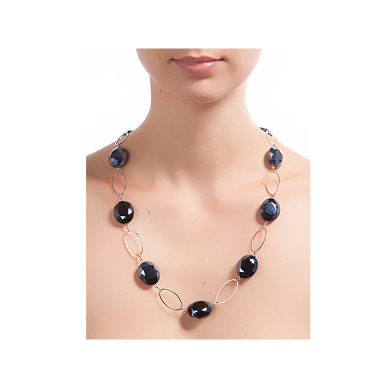 Long Collier Femme en Cristal Noir et Plaque Argent