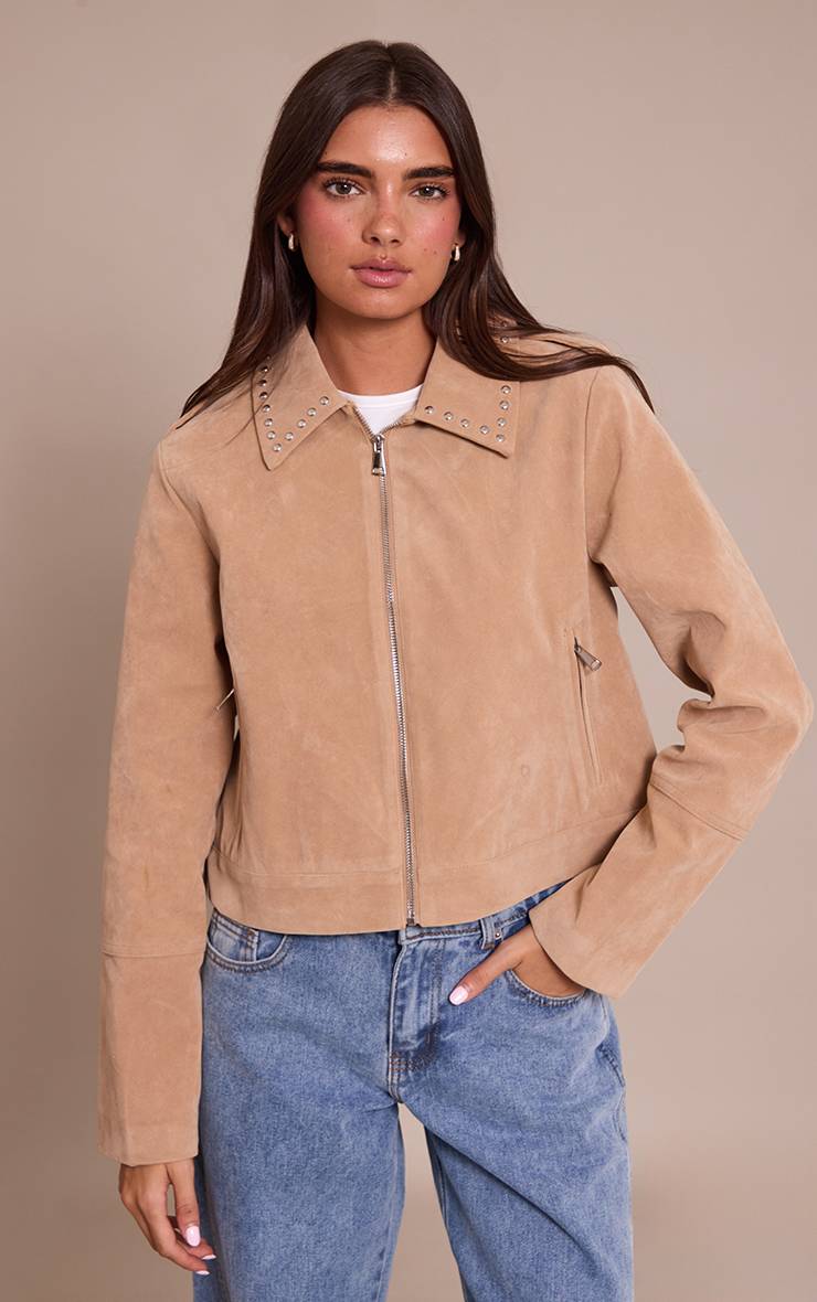 Sable Veste Zippée En Faux Suède À Détails Cloutés