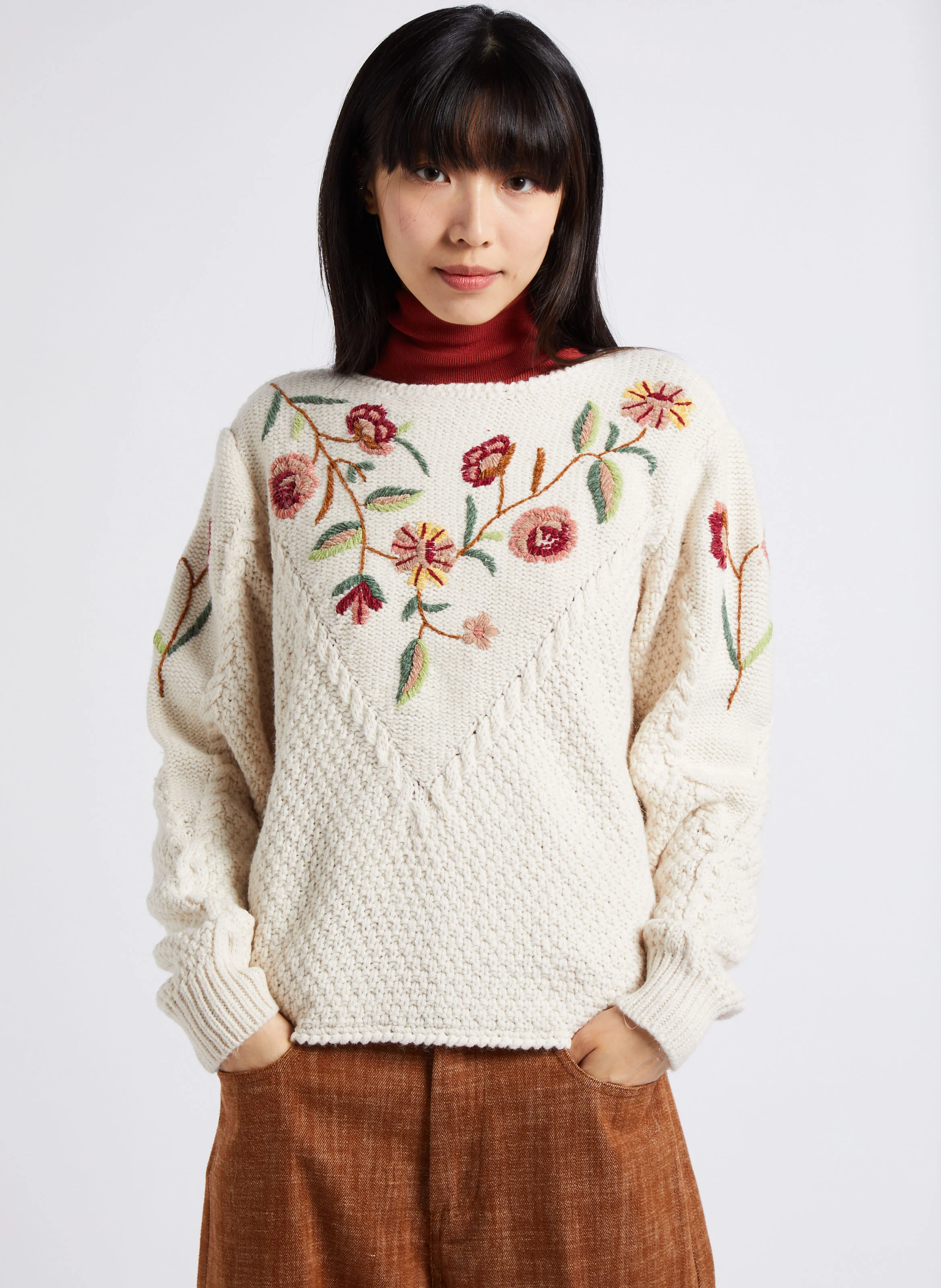 ACAI - Pull col rondà motif floral | Beige