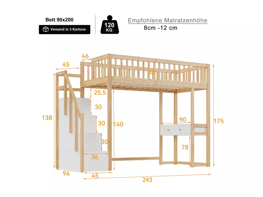 Lit mezzanine 90 x 200 cm avec avec bureau & 6 tiroirs - bois MDF - blanc + naturel (sans matelas)