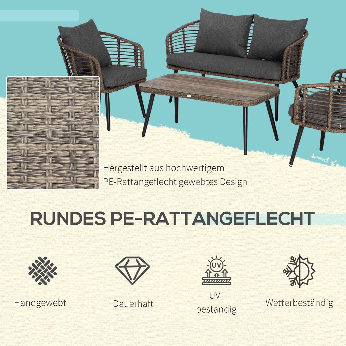 Outsunny 4-delige tuinmeubelset, 135B x 67D x 76H cm, aluminium, PE rotan, polyester, gehard glas, grijs