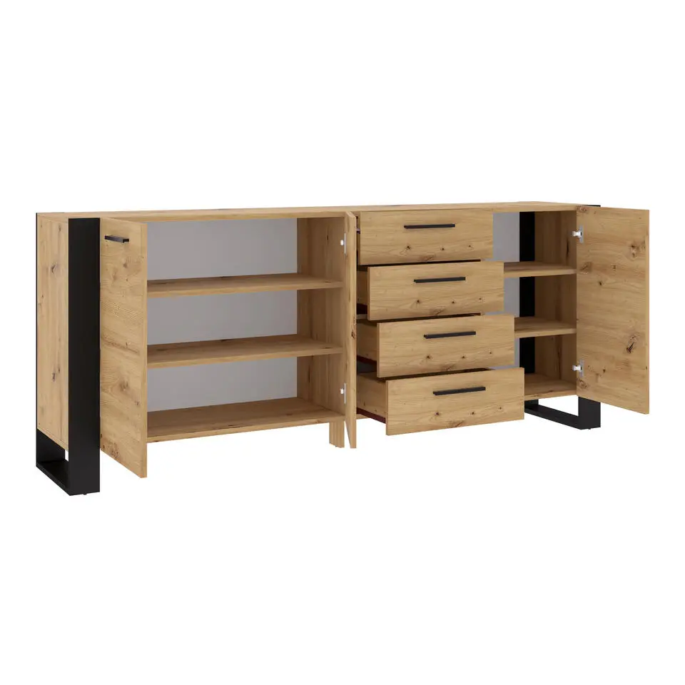 NUKA K dressoir 197 cm 4 lades zwart artisan eiken