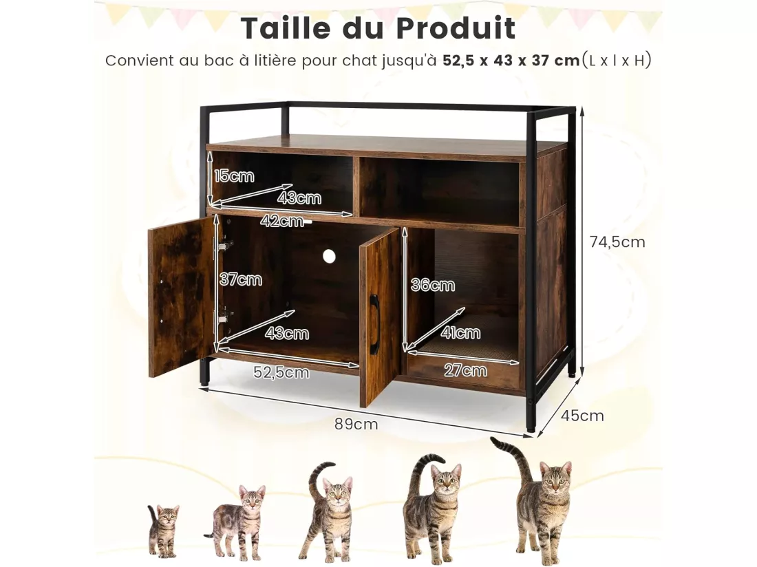 Meuble Litiere Chat Griffoir Amovible Industriel, 89x45x74,5cm Café