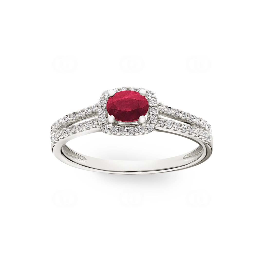 Damenring 750/18 K Weissgold mit Rubin oval und Diamanten 0.20 ct H/si
