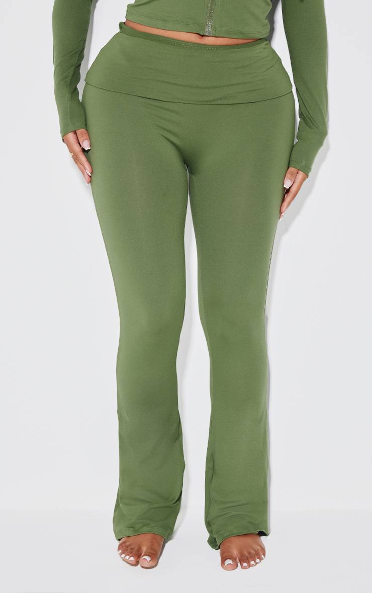 Kaki Pantalon Évasé Taille Haute Sculptant À Rabat Shape Stretch