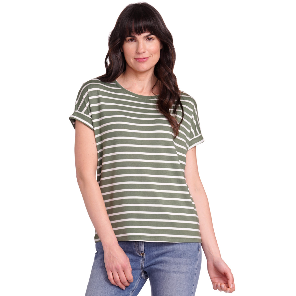 Gina Benotti Damen T-Shirt mit fixierten Turn-ups dunkelgrün / weiss