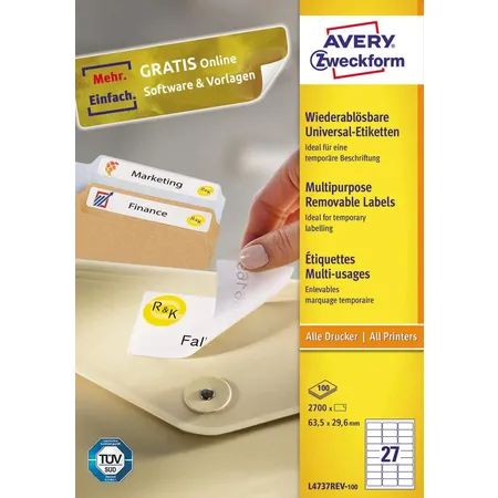 Avery Zweckform L4737REV-100 Universal-Etiketten,A4 63,5 x 29,6 mm, 100 Bogen/2.700 Etiketten, weiß