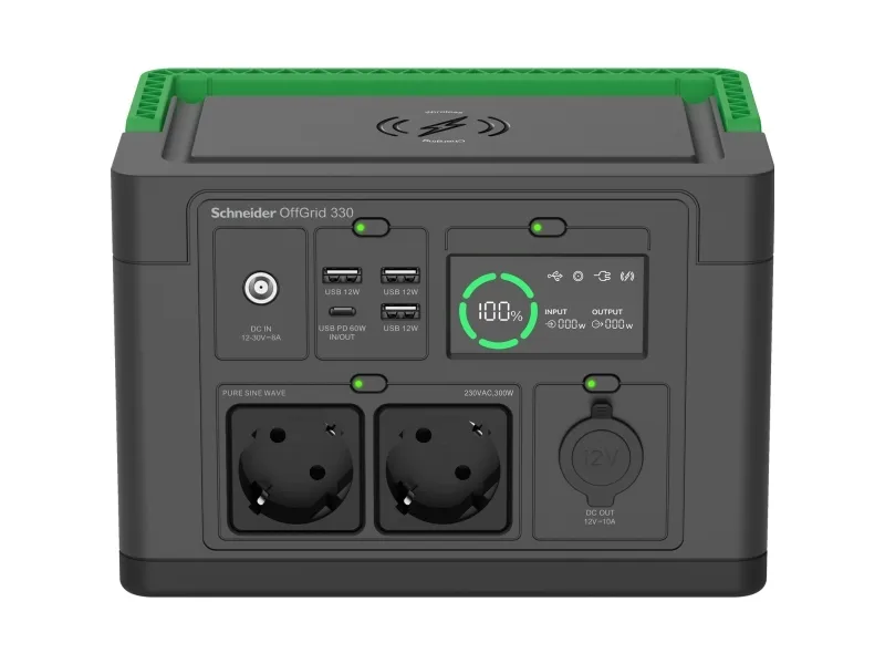 Schneider OffGrid 330 - Transportabel strømstation - LCD, lithium-ion, 2 CEE 7/3 schuko stik, sinuskurve, 3 USB-A, 1 USB-C, trådløs oplader - AC 230 V - 330 Watt - Litiumion - 332 Wh - output-stikforbindelser: 2 - sort, grøn