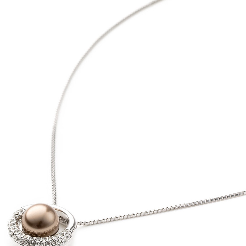 Pendentif Cercle Perle Marron et Cristal Blanc