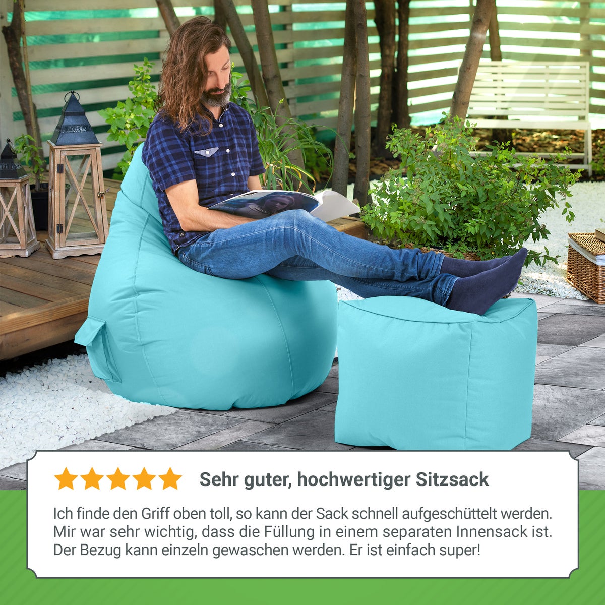 Green Bean Zitzak met rugleuning 80x70x90cm - Gaming stoel met 230L vulling, comfortabel, zacht, wasbaar - Zitzak vloerkussen, loungestoel, voetenbank, relaxstoel, gamerstoel, turquoise