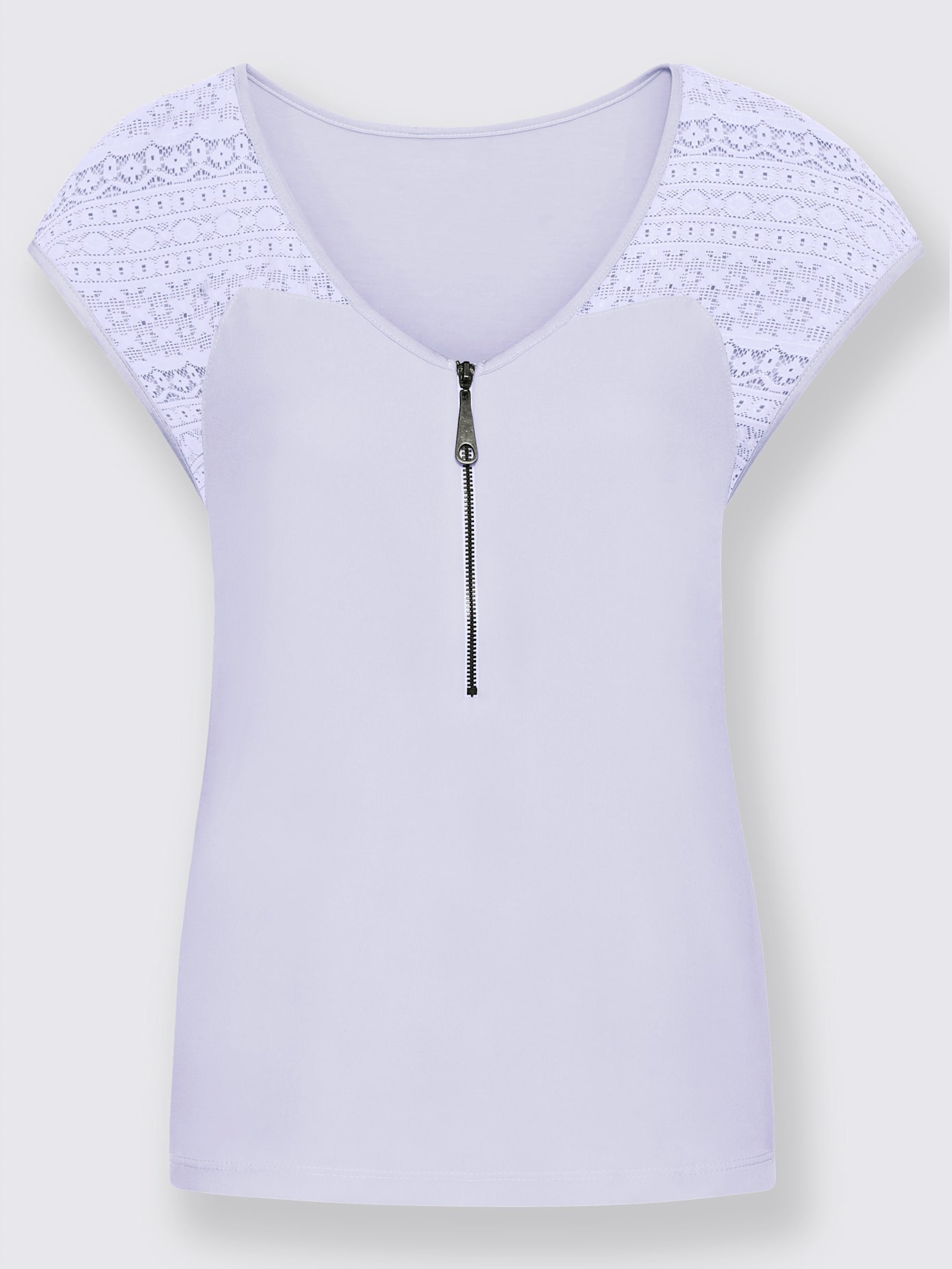 T-shirt col v à glissière épaules en dentelle