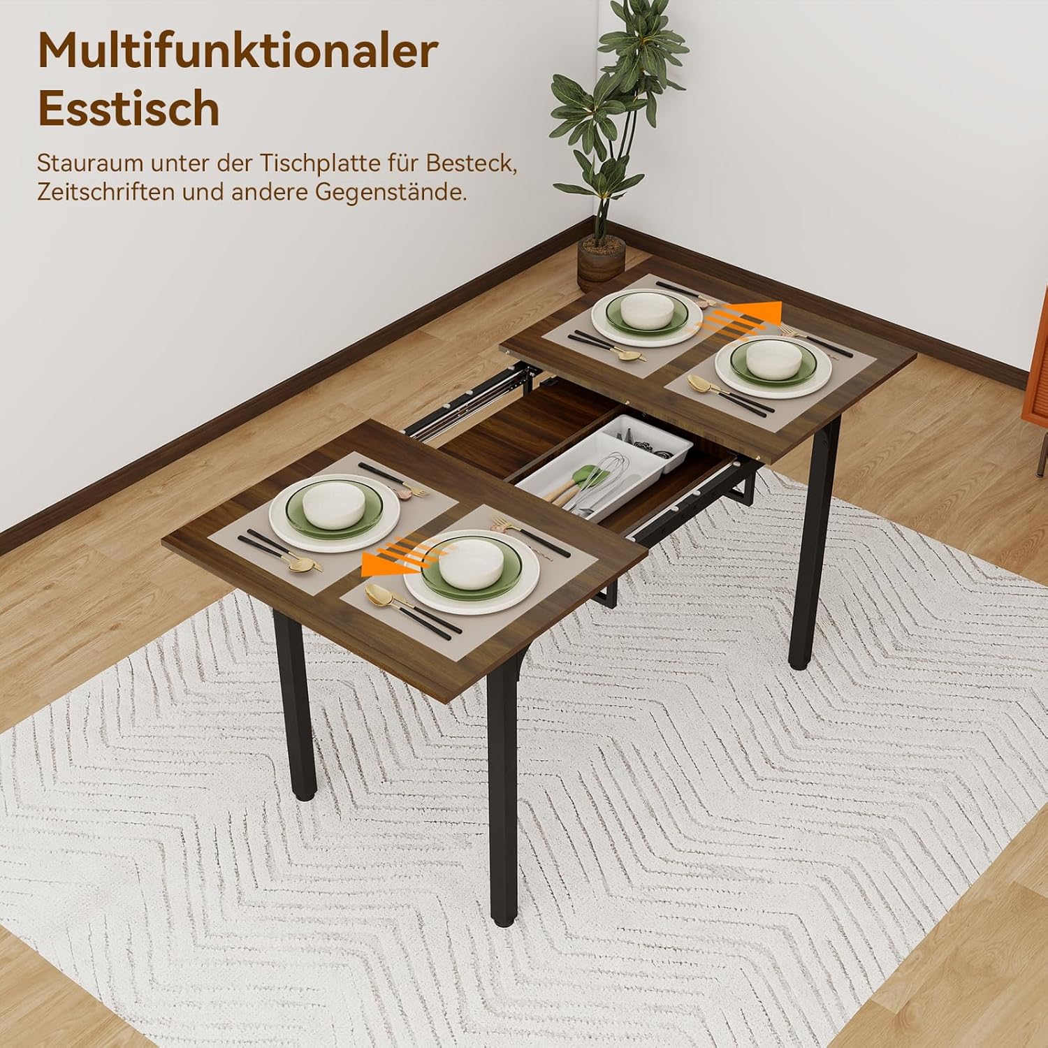 ARTETHYS Esstisch Ausziehbar 110/149x70 cm, Moderner Küchentische Esszimmertisch, Rechteckiger Tischplatte für 4-6 Personen, Holztisch mit Metallbeinen, Tisch für Esszimmer, Küche, Wohnzimmer