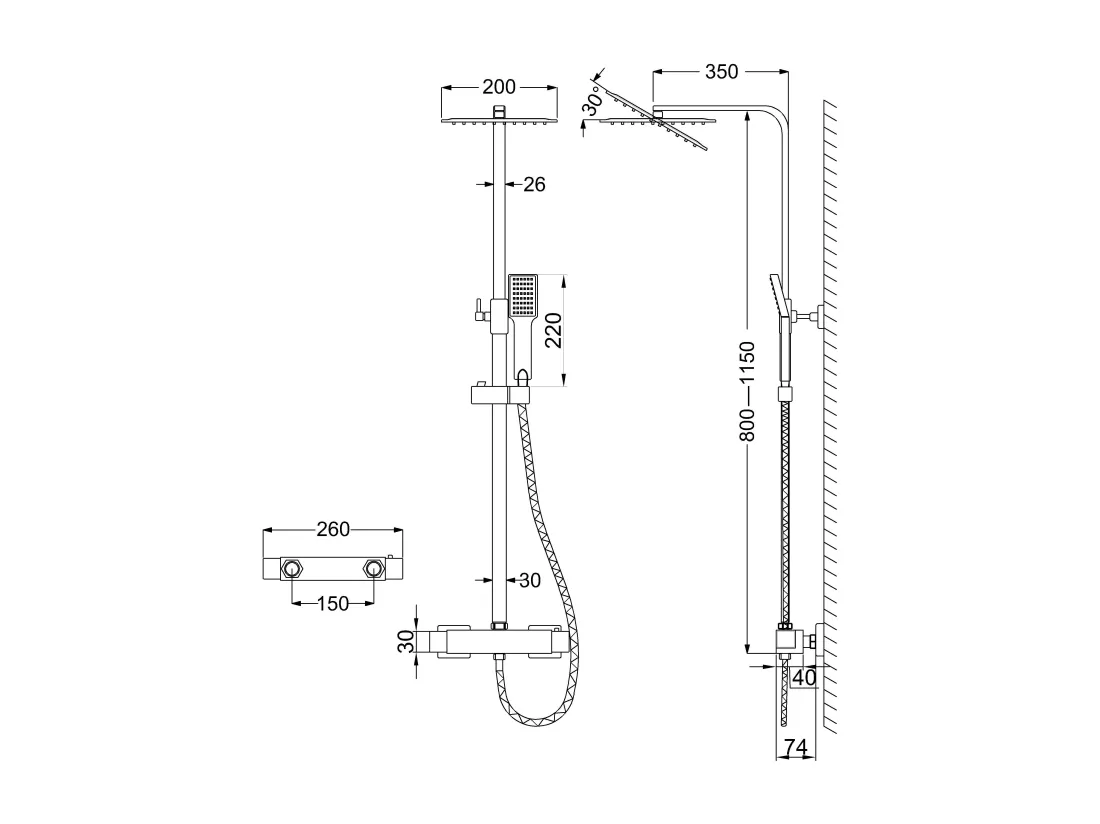 Colonne de douche thermostatique 200mm, kit carré noir AICA