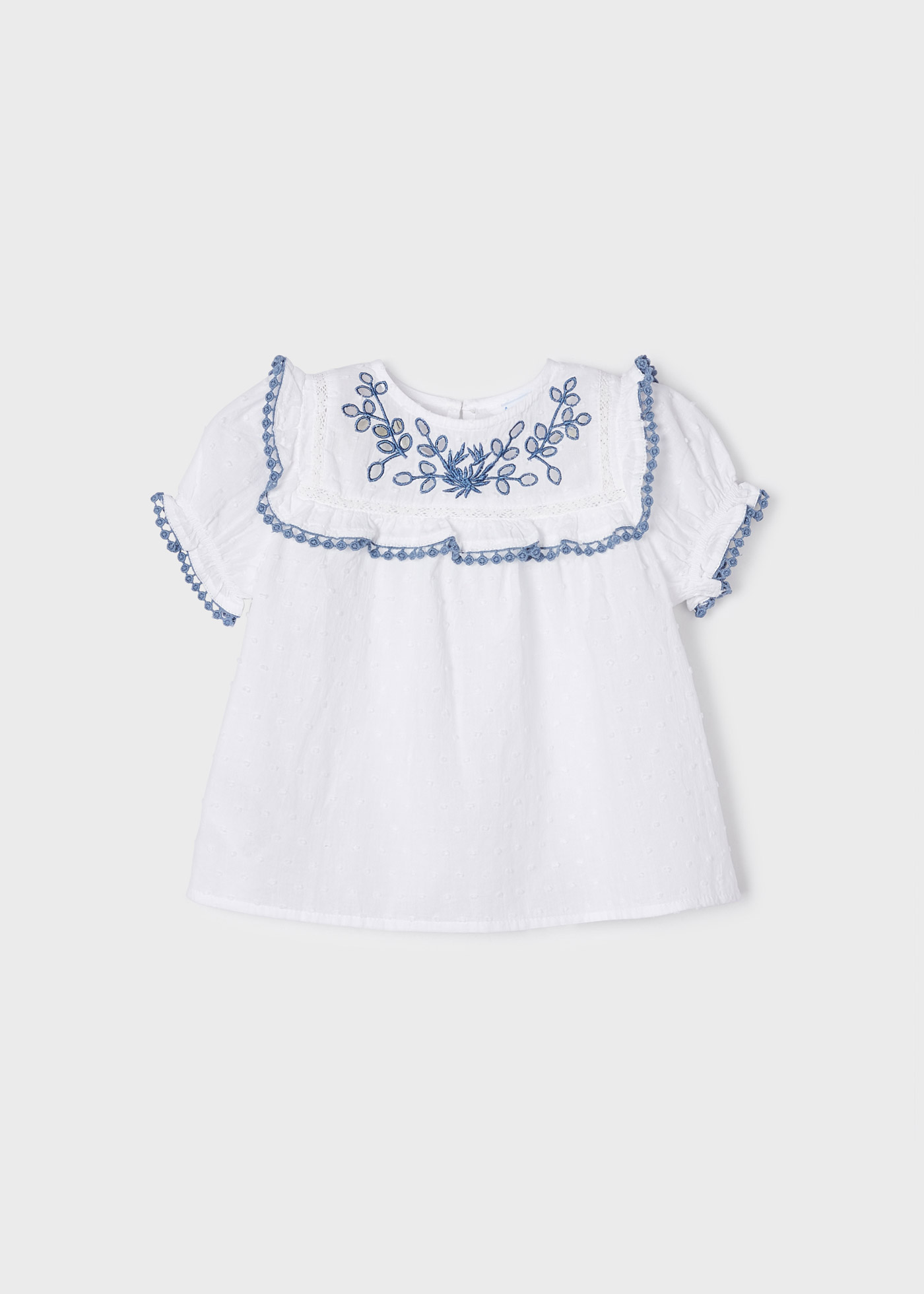 Blusa de algodão de manga curta com bordado plumeti para meninas