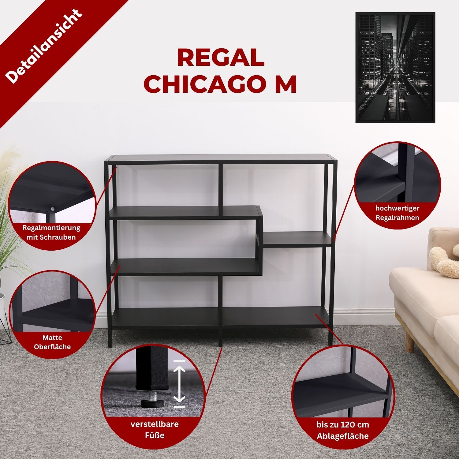 Coemo Regal Chicago M Raumteiler 120x35x100cm Metall 5 Ablageflächen schwarz