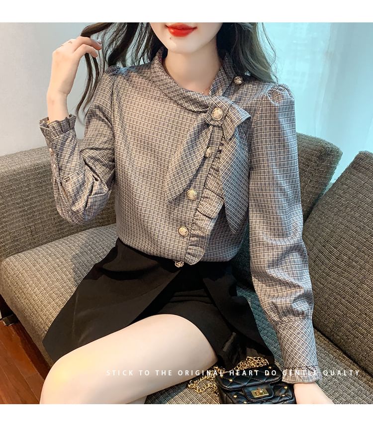 Dragan Pulse - Blouse met lange mouwen en linthals en ruitmotief