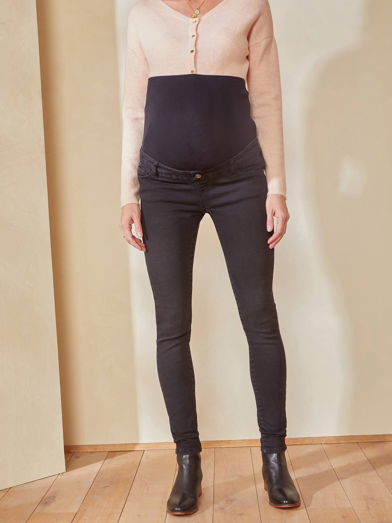Calça jeans skinny de gestante com cós sem costura, azul escuro liso