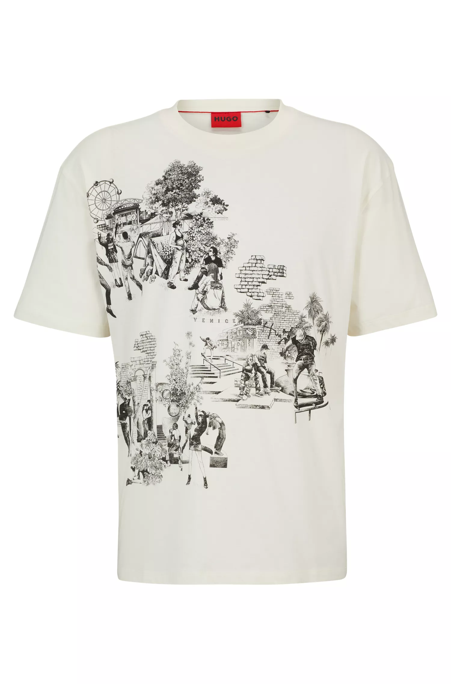 Camiseta HUGO vermelha em malha de algodão com modelagem relaxada e estampa sazonal.