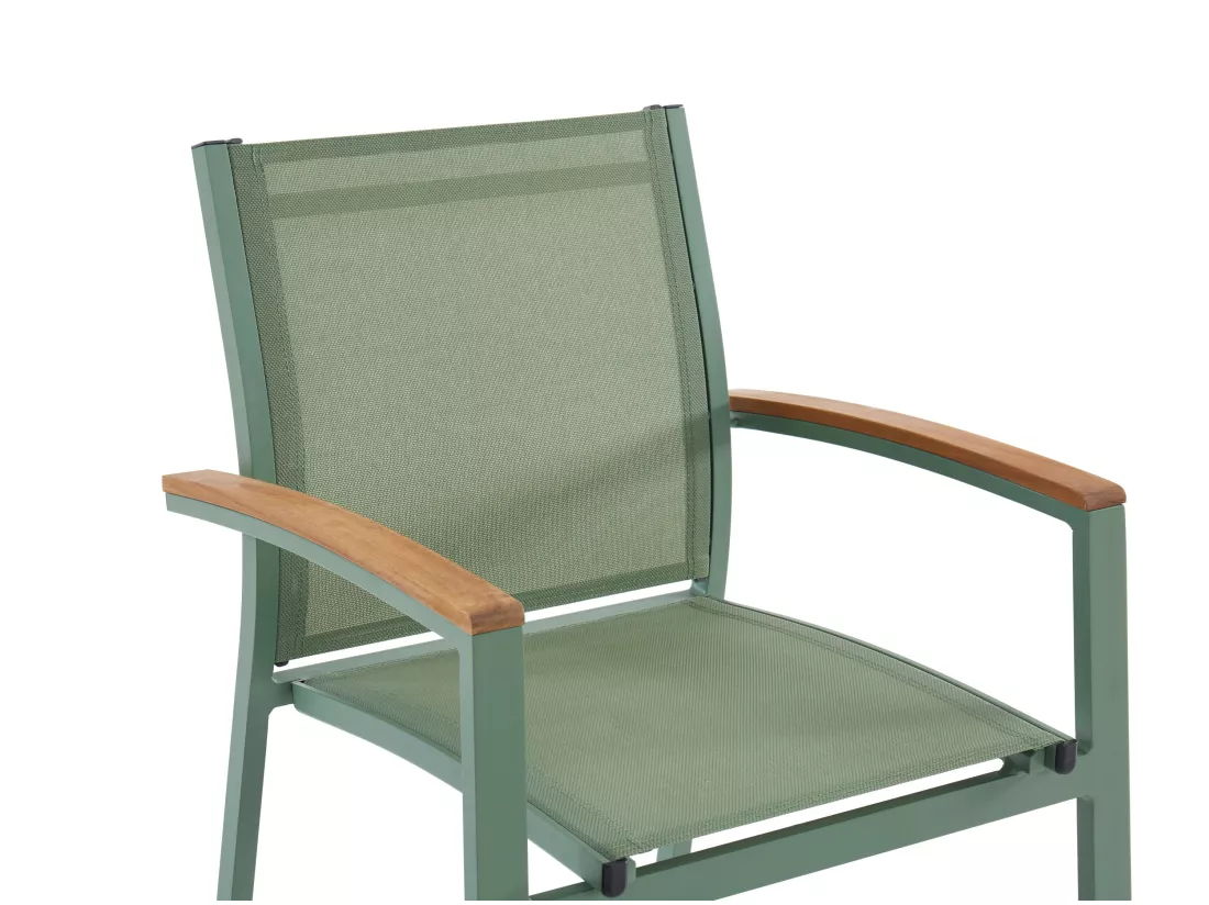 Salle à manger de jardin en aluminium : une table extensible L.180/240cm et 8 fauteuils empilables avec accoudoirs acacia - Vert amande - NAURU de MYLIA