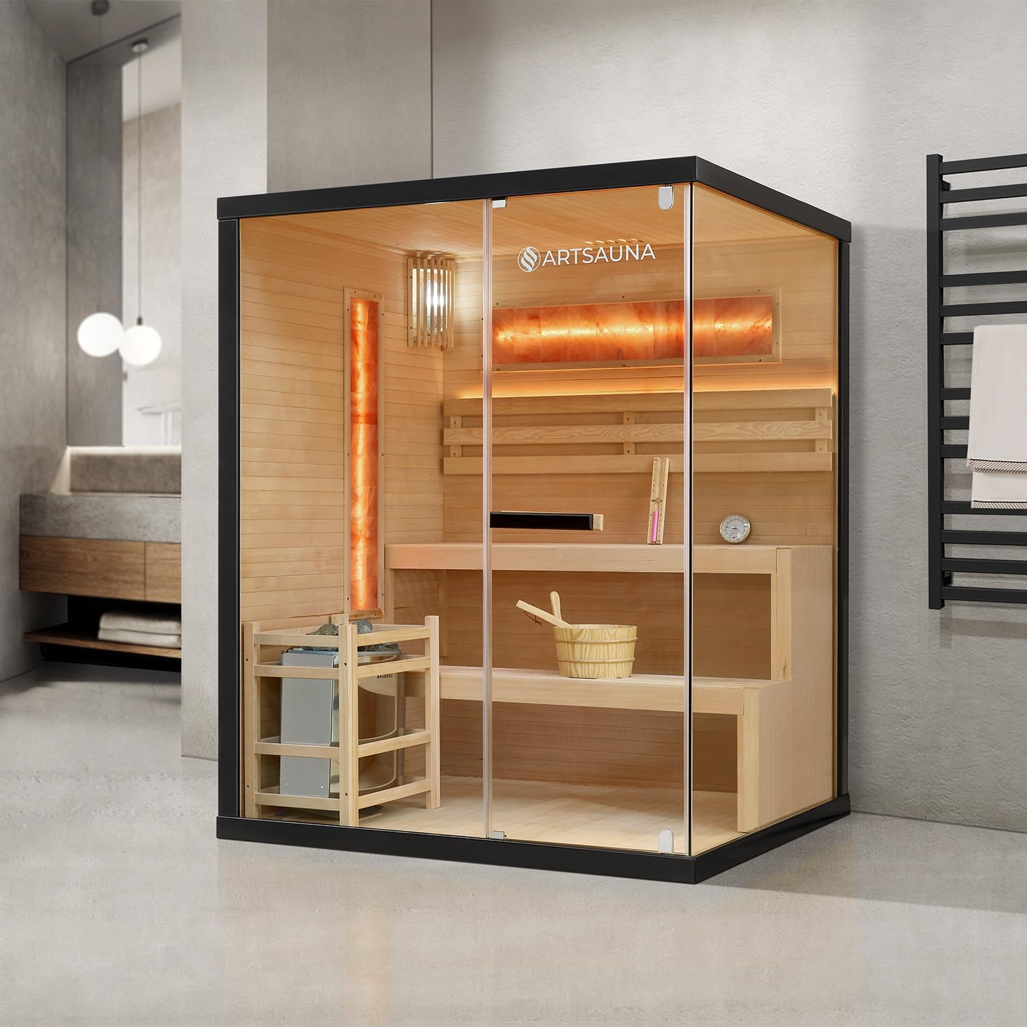 Artsauna Saunakabine Vantaa 150 mit Salzstein - Indoor Sauna 3 Personen - 4,5 kW Ofen, Glasfront, LED Licht, Thermometer & Sanduhr - Komplett Set