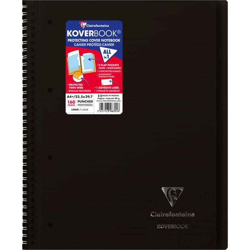 Cahier reliure intégrale enveloppante Koverbook A4+ 160 pages ligné sans marge détachables perforé 4 trous couverture polypropylène transparent - Assortis