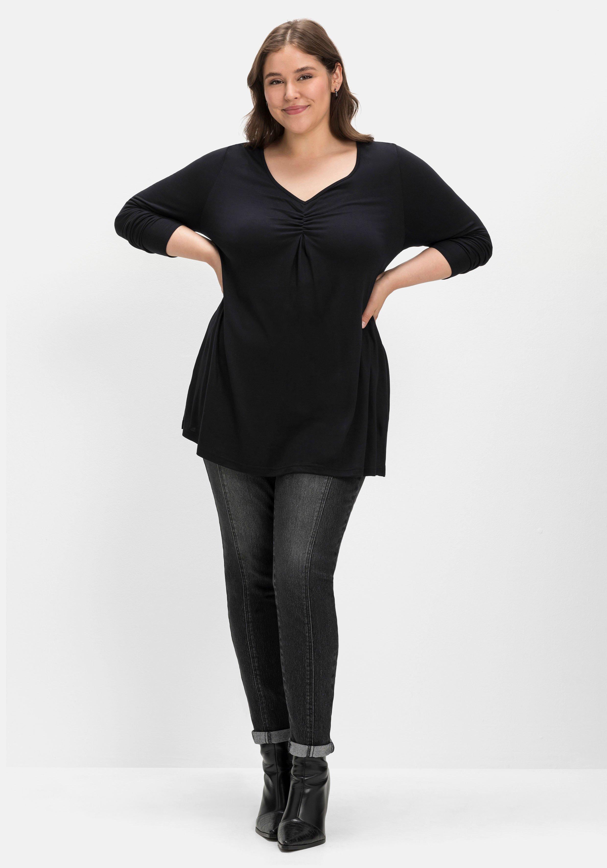 Langarmshirt mit V-Ausschnitt und Kellerfalte