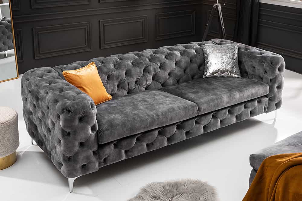 Chesterfield 3-Sitzer Sofa MODERN BAROCK 235cm dunkelgrau Samt Federkern Metallfüße