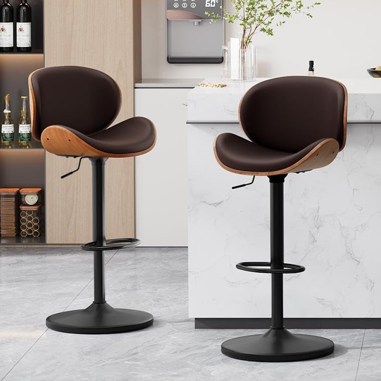 Barhocker 2er Set, Barstuhl Höhenverstellbar aus Kunstleder & Massivholz, 360°Drehstuhl Küchenstuhl mit Rückenlehne und Fußstütze für Küche, Wohnzimmer, Esszimmer, Bar, Braun DE6343986
